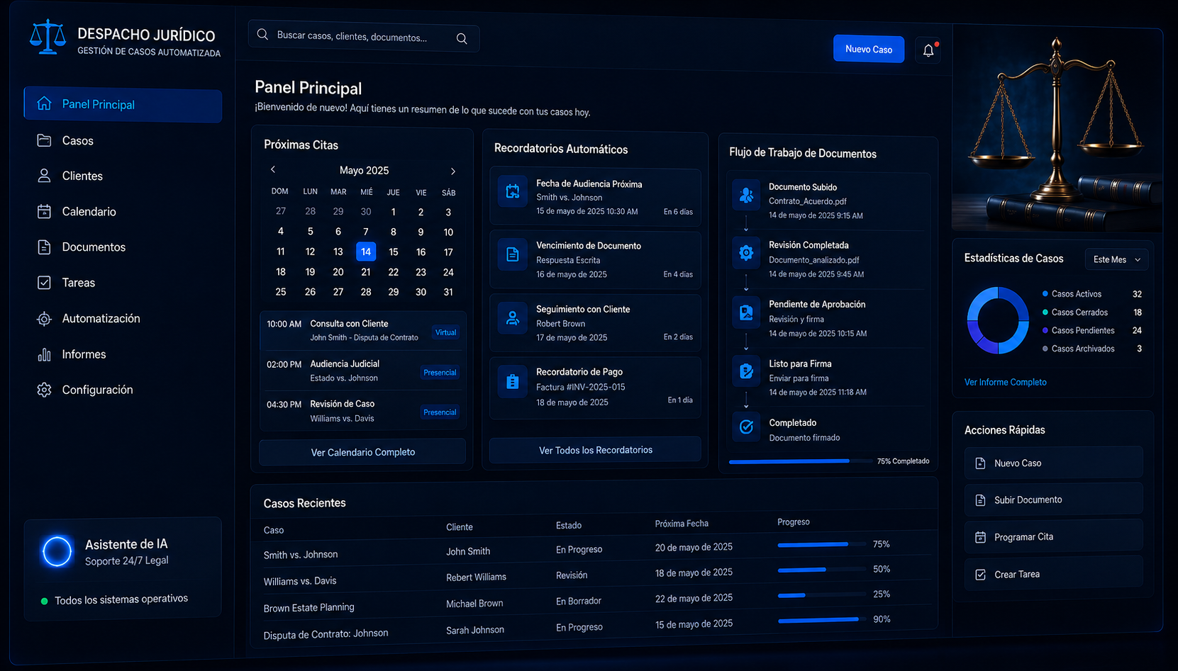 Despacho legal moderno con sistema de automatización gestionando agenda de consultas, documentos de clientes y seguimiento de casos en pantalla